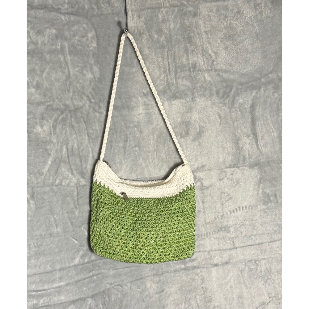 The Sak Green White Crochet Shoulder Bag Boho Zip Top Small Handbag
